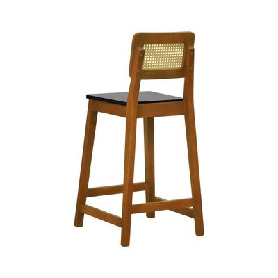 Banqueta Gabi Madeira Maciça Encosto Telinha C- 68cm Altura - Amêndoa Assento Preto Madeira