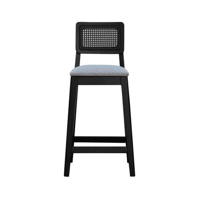 Banqueta Gabi Madeira Maciça Encosto C- Telinha C- 68cm Altura - Preto Assento Estofado Linho Cinza Mescla Impermeável