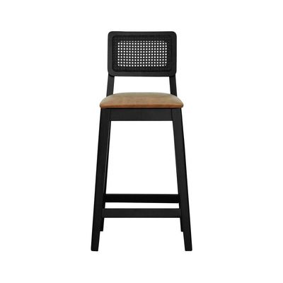 Banqueta Gabi Madeira Maciça Encosto C- Telinha C- 68cm Altura - Preto Assento Estofado Corano Marrom Mescla