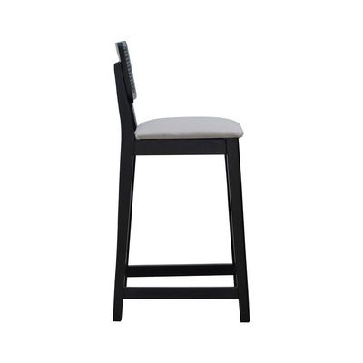 Banqueta Gabi Madeira Maciça Encosto C- Telinha C- 68cm Altura - Preto Assento Estofado Linho Bege