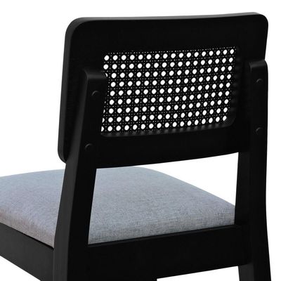 Banqueta Gabi Madeira Maciça Encosto C- Telinha C- 68cm Altura - Preto Assento Estofado Linho Cinza Mescla Impermeável