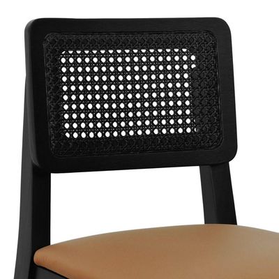 Banqueta Gabi Madeira Maciça Encosto C- Telinha C- 68cm Altura - Preto Assento Estofado Corano Caramelo
