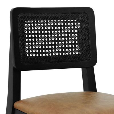 Banqueta Gabi Madeira Maciça Encosto C- Telinha C- 68cm Altura - Preto Assento Estofado Corano Marrom Mescla