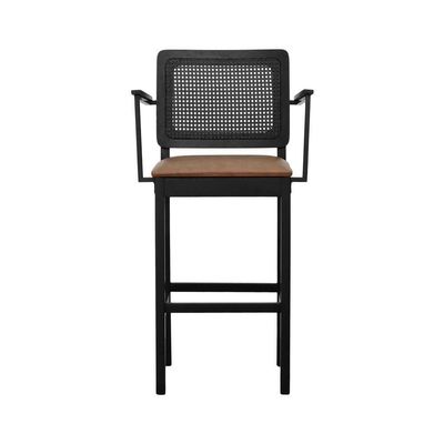 Banqueta Alta Bistrô Lyon Telinha Madeira Maciça C-braço - Preto Assento Estofado Corano Marrom Mescla