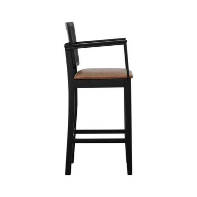 Banqueta Alta Bistrô Lyon Telinha Madeira Maciça C-braço - Preto Assento Estofado Corano Marrom Mescla
