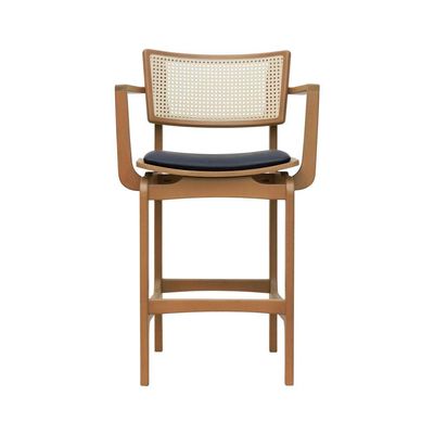 Banqueta Alta Bistrô Apollo Com Braços Encosto Telinha Natural E Assento Anatômico - Natural Estofado Corano Preto