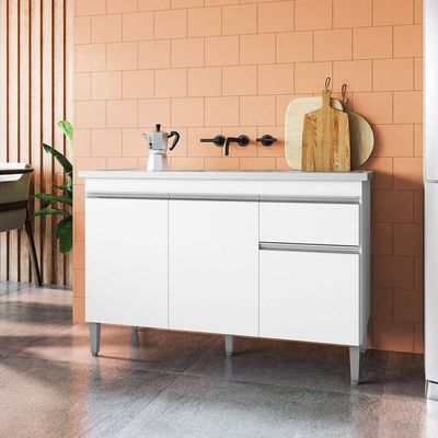 Balcão De Pia 120 Cm Talita 3 Portas 1 Gaveta Branco