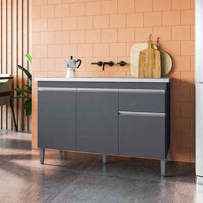 Balcão De Pia 120 Cm Talita 3 Portas 1 Gaveta Cinza