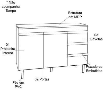 Balcão De Pia 100 Cm Adriana 2 Portas 3 Gavetas Preto