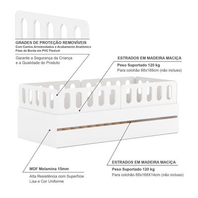 Bicama Solteiro Mdf Branco Com 04 Grades E Cabeceira Anatômica Mobilistore