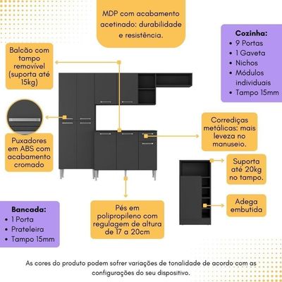 Armário De Cozinha Compacta Com Bancada Americana Pequim Multimóveis Mp2204 Preto Preto