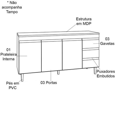 Balcão De Pia 150 Cm Adriana 3 Portas 3 Gavetas Preto