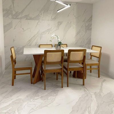 Mesa De Jantar Gus 180x100cm Tampo Mdf Laqueado Com Vidro - Amêndoa Off White