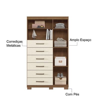Multi Cômoda Marbella 1 Porta 6 Gavetas Pés Jatobá-areia