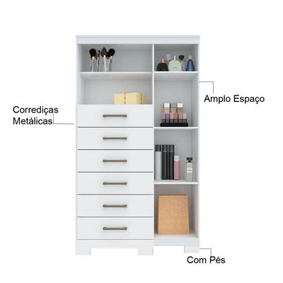 Multi Cômoda Marbella 1 Porta 6 Gavetas Pés Branco