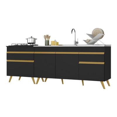Kit 2 Balcões Gabinete Pia 150 Cm E Cooktop 70 Cm Preto
