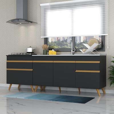 Kit 2 Balcões Gabinete Pia 150 Cm E Cooktop 70 Cm Preto