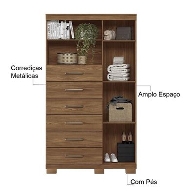 Multi Cômoda Marbella 1 Porta 6 Gavetas Pés Jatobá