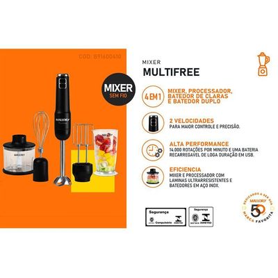 Mixer Mallory Multifree 4 em 1 Sem Fio 150W Preto com Prata Bivolt