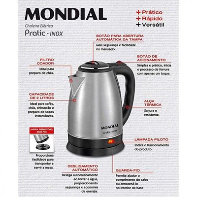 Chaleira Eletrica Mondial 2litros - 79520-02 Preto Com Inox 127v 110V
