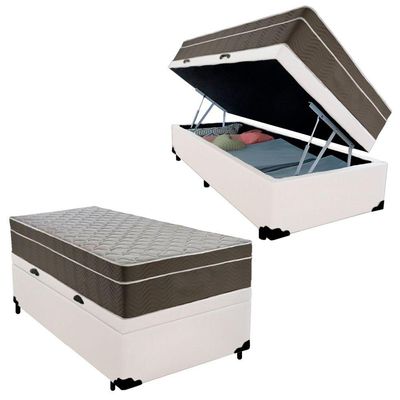 Cama Box Baú Solteiro Sintético + Colchão De Molas Ensacadas - Serene - 88cm Branco