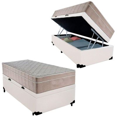 Cama Box Baú Solteiro Sintético + Colchão De Molas Ensacadas - Serene - 88cm Branco