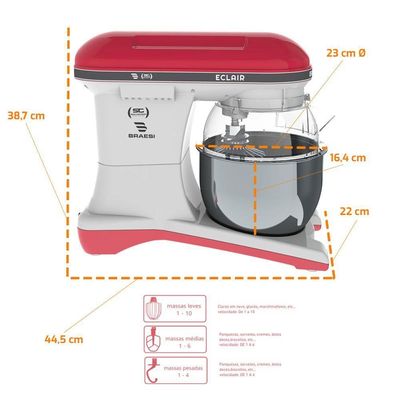 Batedeira Planetária Profissional Eclair 10 Velocidades 5l 1500w Bp-500 Vermelha Bivolt - Braesi
