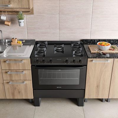 Fogão 5 Bocas Com Mesa De Vidro Milão Glass 300001768 Atlas Preto Bivolt