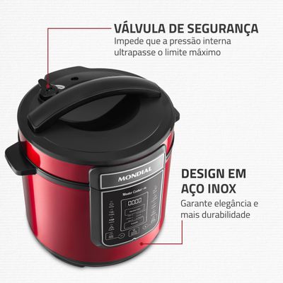 Panela de Pressão Elétrica Digital 6L, Mondial, Vermelho e Inox - PE-60-6L-RI 127V