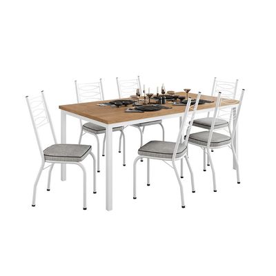 Conjunto de Mesa Retangular com Tampo de MDP Amadeirado e 6 Cadeiras Adriana I Revestimento Sintético Grafite e Branco