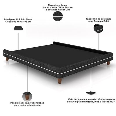 Cabeceira Queen Nilo 160cm Com Cama Pés Madeira Suném P05 Linho Cinza Escuro - Lyam Decor