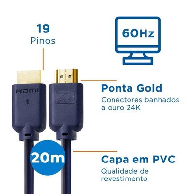 Cabo Hdmi Aquario 2.0 4K 3D 19 Pinos 20 Metros - 4K20