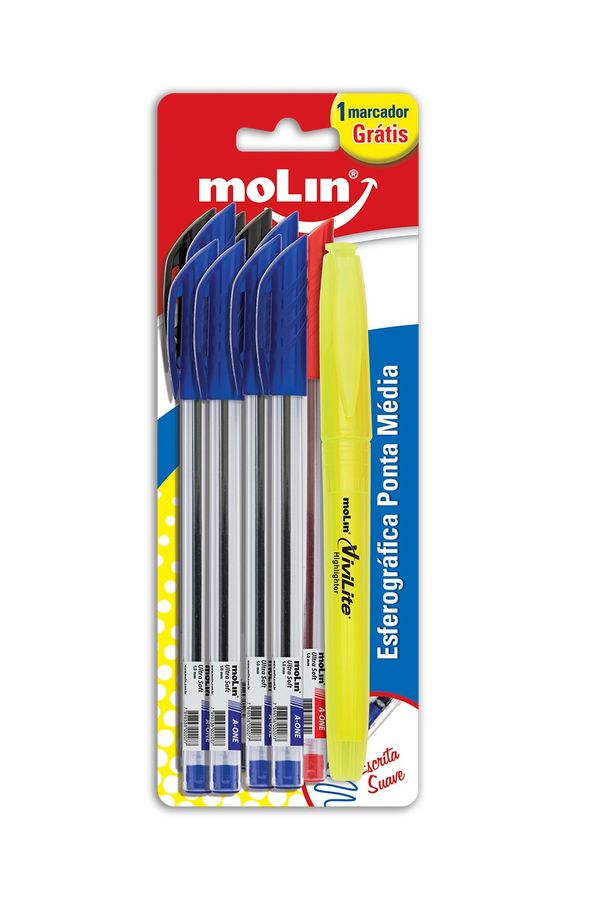 Kit Caneta Esferográfica Molin 1.0mm com 4 Unidades e Marcador Texto