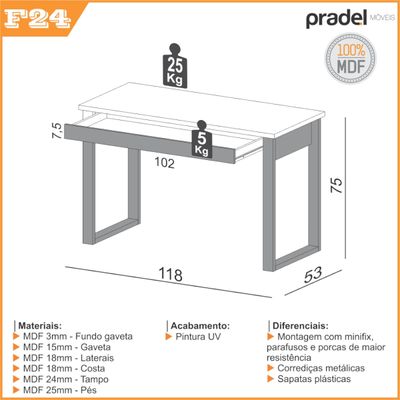 Mesa de Escritório 1 Gaveta 118 x 53 x 75 cm F24 Industrial Dalla Costa Freijó/Preto