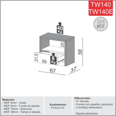 Mesa de Cabeceira em MDF 67 cm com 1 Gaveta TW140 Freijó/Off White Dalla Costa