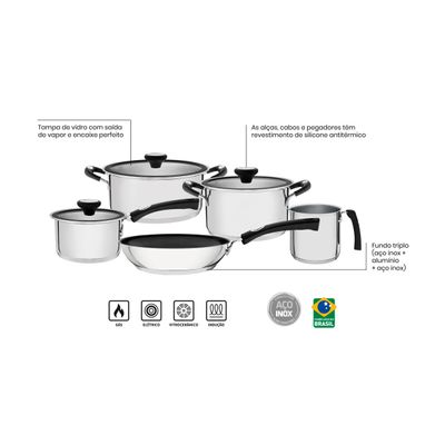 Jogo de Panelas Tramontina Solar Silicone em Aço Inox com Fundo Triplo 5 Peças