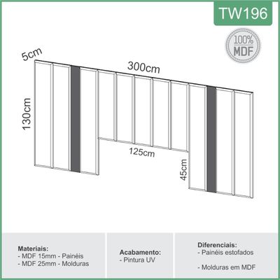 Cabeceira Estofada para Cama de Casal 300 cm Freijó/Linho Cinza Claro TW196 Dalla Costa