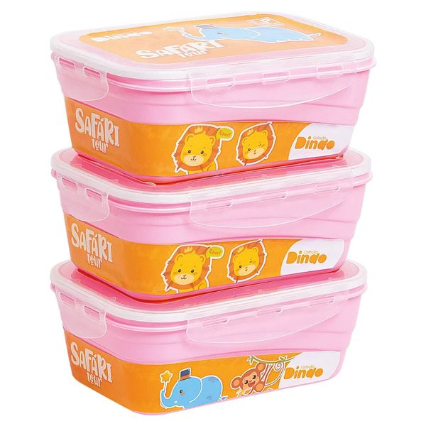 Conjunto de Potes Herméticos Plástico LP House Baby Dindo Safari Rosa 3 Unidades 500ml