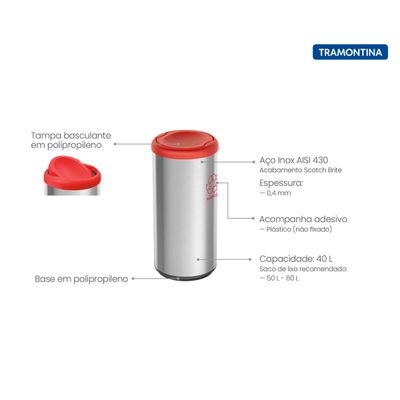 Lixeira Inox Tramontina Piemonte 40 Litros Scotch Brite e Tampa Basculante Vermelha