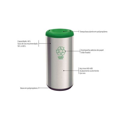 Lixeira Inox Tramontina Piemonte 40 Litros Scotch Brite e Tampa Basculante Verde