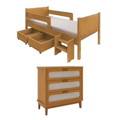 Kit Quarto Infantil Cama Luna Com Organizador Escada E Cômoda Isa - Nature - Bege