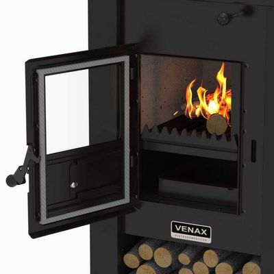 Calefator Com Depósito Para Lenha Dupla Combustão Pyron Preto Fosco - Venax