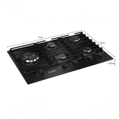 Fogão Cooktop 5 Bocas Tripla Chama MCG5BM Grade Dupla Mesa De Vidro Mueller Preto Bivolt