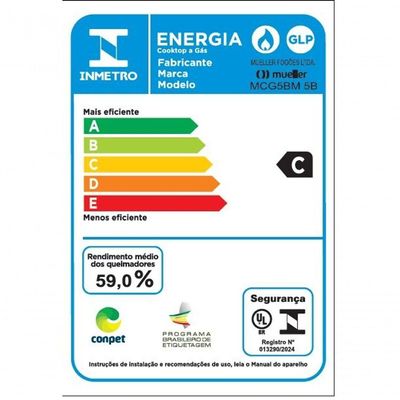 Fogão Cooktop 5 Bocas Tripla Chama MCG5BM Grade Dupla Mesa De Vidro Mueller Preto Bivolt