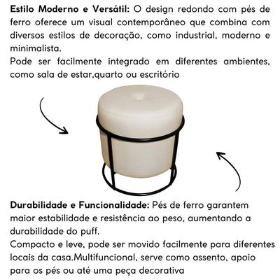 Puff Decorativo Redondo Para Sala Quarto Argola Pérola Bege Base Pés Preto
