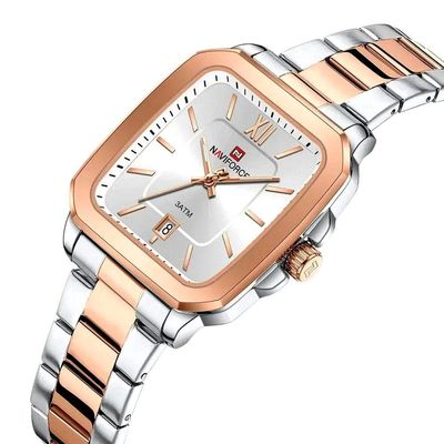 Relógio De Quartzo Feminino Casual Mostrador Quadrado Pulseira Em Aço Inoxidável Impermeavel Prata Rose