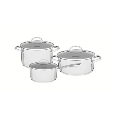 Jogo de Panelas Tramontina Una Aço Inox Fundo Triplo Tampas de Vidro 3 Peças