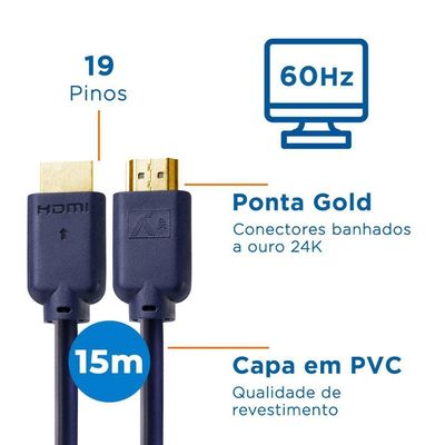 Cabo Hdmi Aquario 2.0 4K 3D 19 Pinos 15 Metros - 4K15