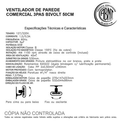 Ventilador De Parede Comercial 3 Pás Bivolt Q500p 50cm Qualitas