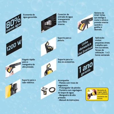 Lavadora de Alta Pressão 1200 W Tramontina para Uso Domestico com Mangueira Alta Pressão 3 m Jato Regulavel 1500 psi 127